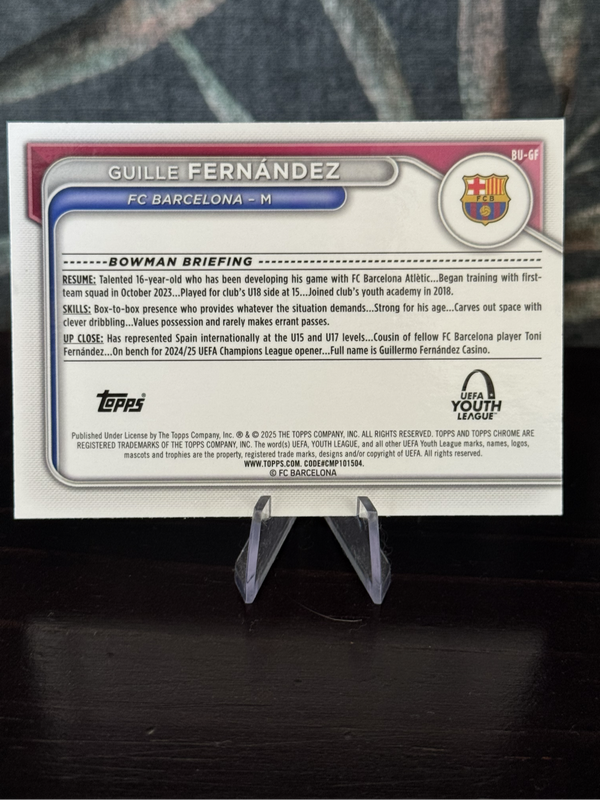 2025 Topps Chrome - Guille Fernández 1st Bowman Youth League - Barcelona