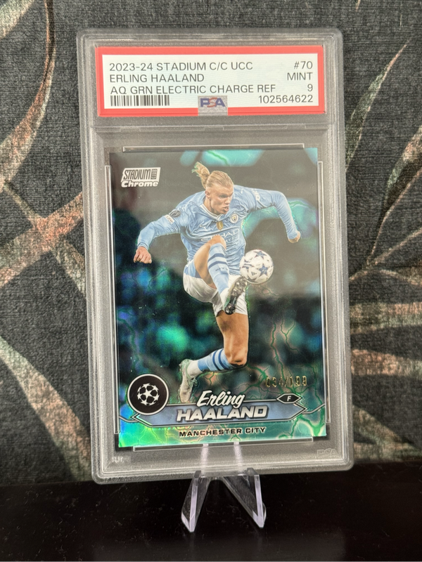 2024 Topps Stadium - Erling Haaland Aqua Green Electric Charge /199 PSA 9