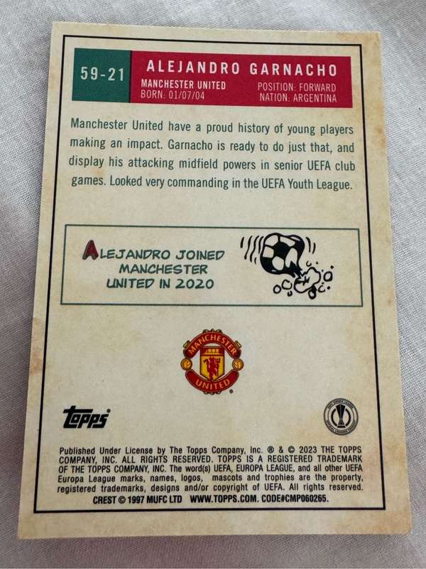 2022-23 TOPPS Chrome UEFA Club Competitions 1959 - Alejandro Garnacho RC Rookie