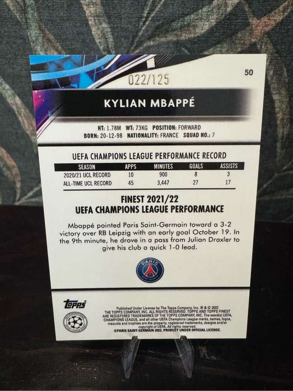 2022 Topps Finest - Kylian Mbappe Pink 22/125 - PSG