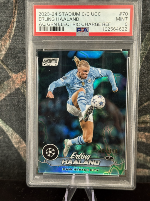 2024 Topps Stadium - Erling Haaland Aqua Green Electric Charge /199 PSA 9