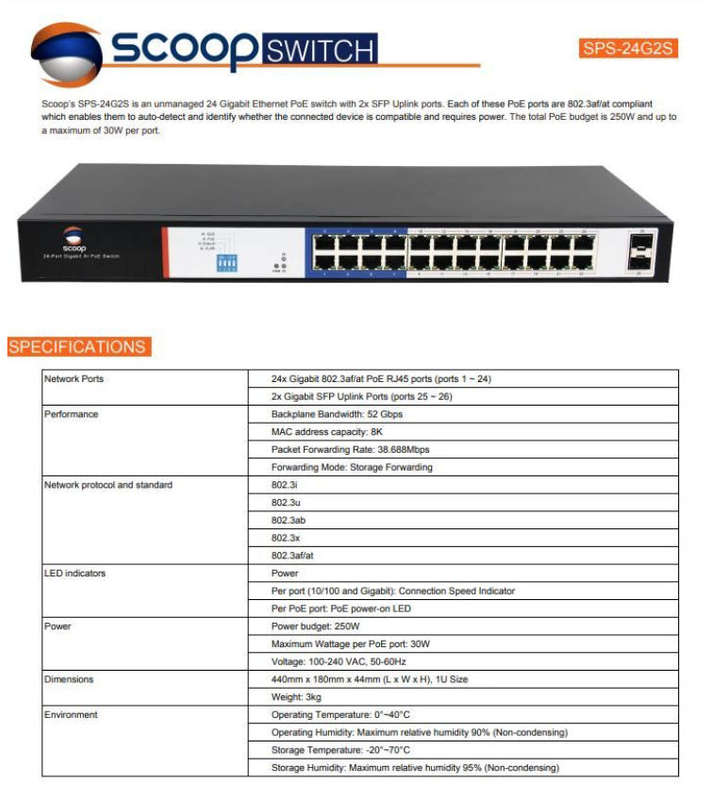 Scoop 24 Port Gigabit AI PoE Switch with 2 SFP Uplink