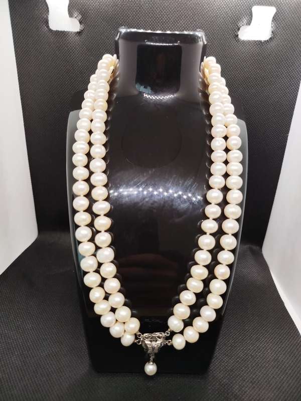 Elegant Vintage 14K White Gold & Diamond Clasp Double-Strand Pearl Necklace