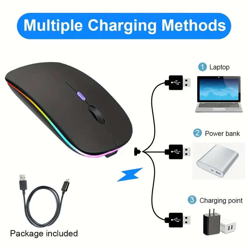 Rechargeable wireless RGB mouse - Silent, ergonomic, USB Bluetooth for PC, laptop & iPad