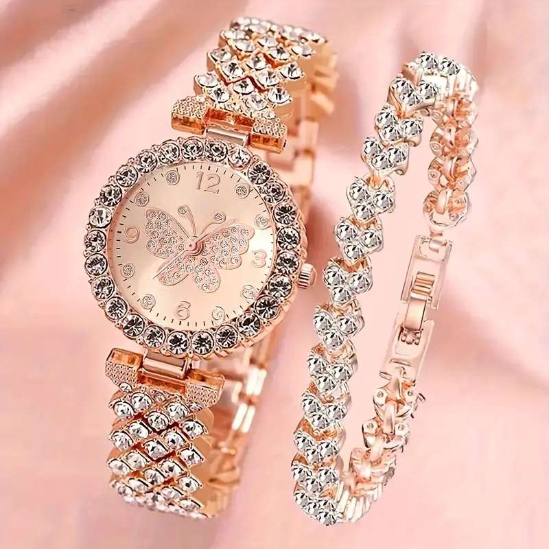 2 Pcs/Set Elegant Ladies' Quartz Wrist Watch & Shiny Versatile Rhinestone Bracelet