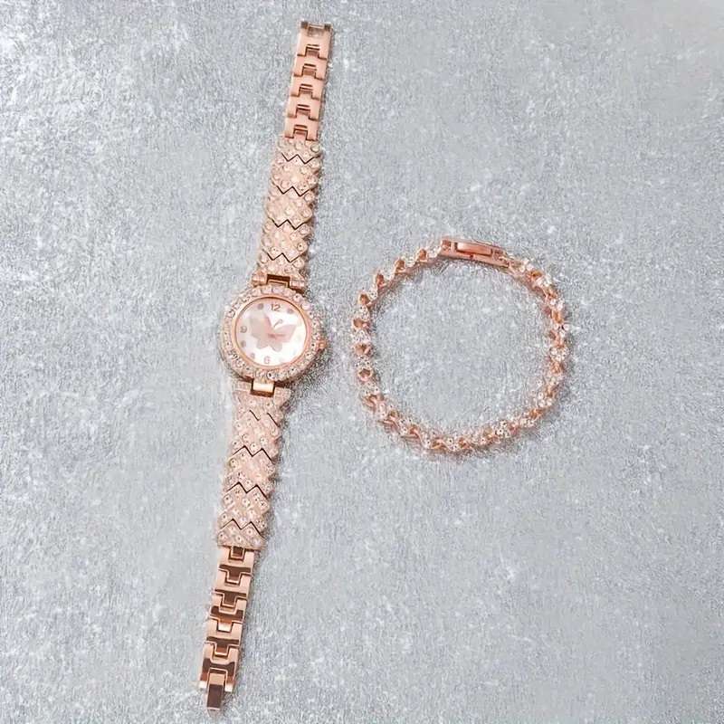 2 Pcs/Set Elegant Ladies' Quartz Wrist Watch & Shiny Versatile Rhinestone Bracelet
