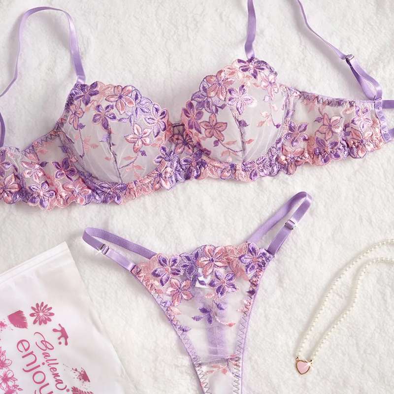 Lilac Purple 2-Piece Sexy See Through Embroidered Mesh Lace Matching Bra & Panty Lingerie Set