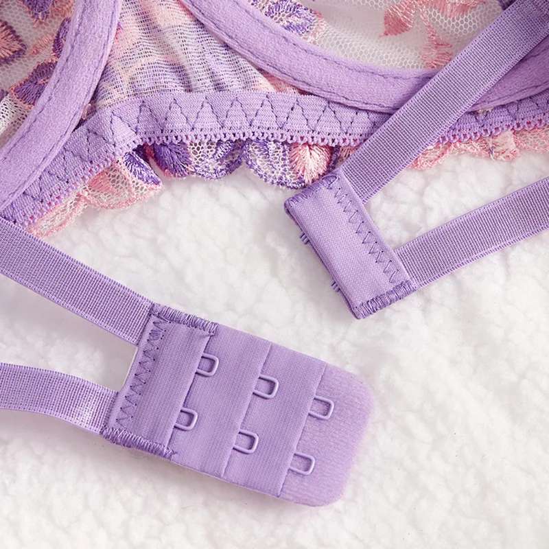 Lilac Purple 2-Piece Sexy See Through Embroidered Mesh Lace Matching Bra & Panty Lingerie Set