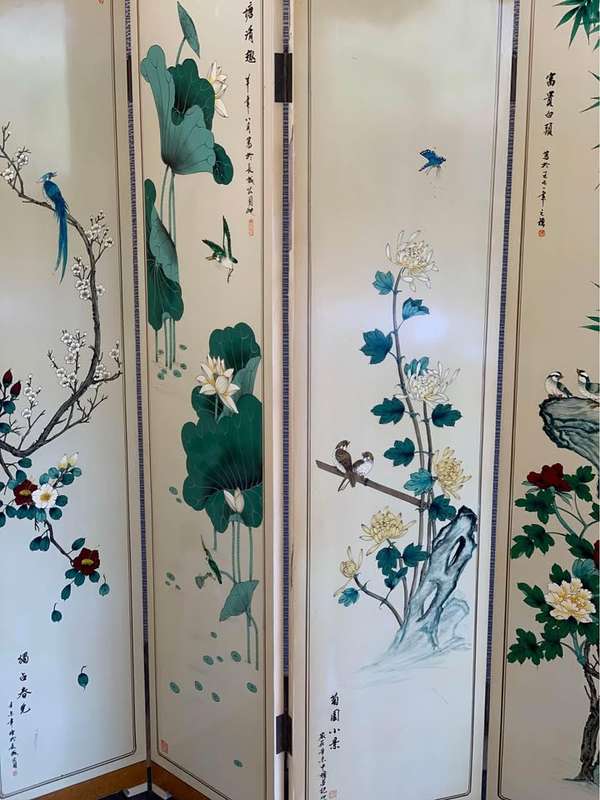 Vintage Oriental 4 Panel Hand painted Room divider
