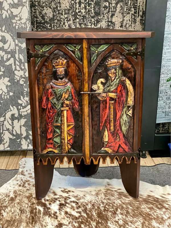 Antique Spanish Oak carved corner cabinet (circa 1896)