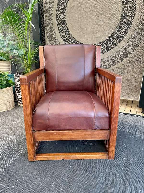 Fully Restored Oak Slatted Genuine Leather Occasional Chair