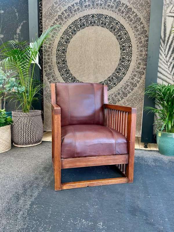 Fully Restored Oak Slatted Genuine Leather Occasional Chair