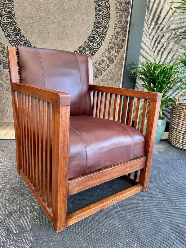 Fully Restored Oak Slatted Genuine Leather Occasional Chair