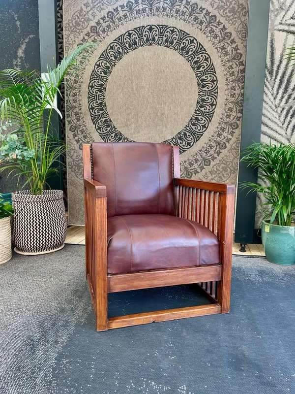 Fully Restored Oak Slatted Genuine Leather Occasional Chair