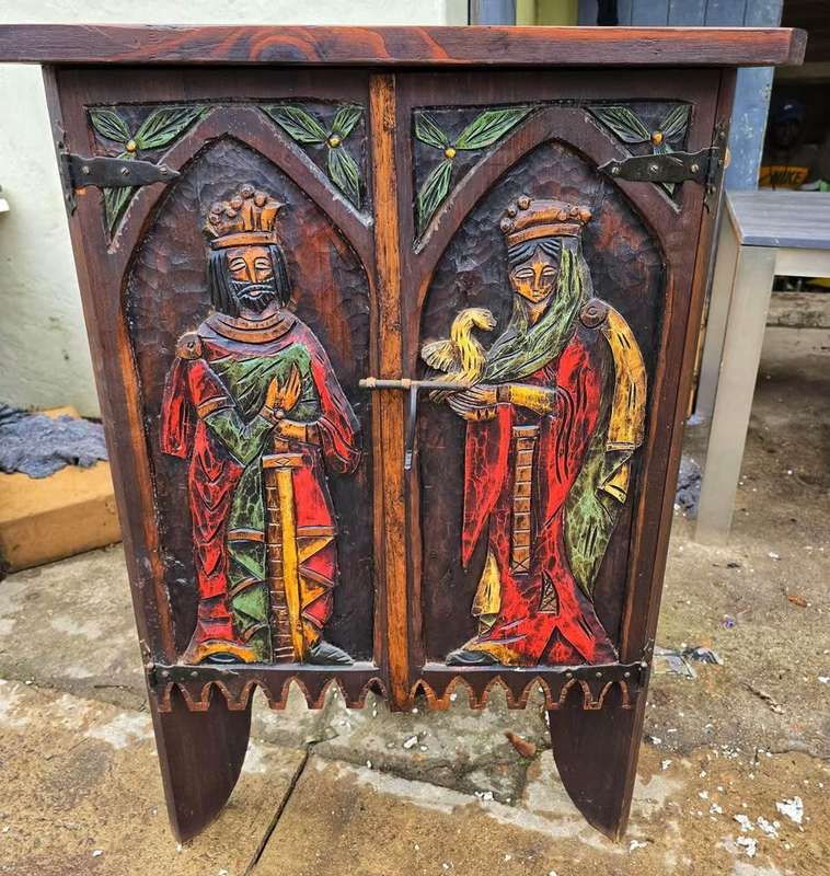 Antique Spanish Oak carved corner cabinet (circa 1896)