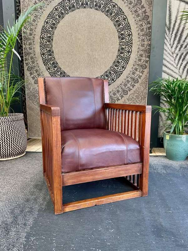 Fully Restored Oak Slatted Genuine Leather Occasional Chair