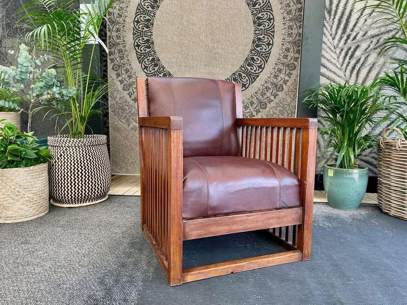 Fully Restored Oak Slatted Genuine Leather Occasional Chair