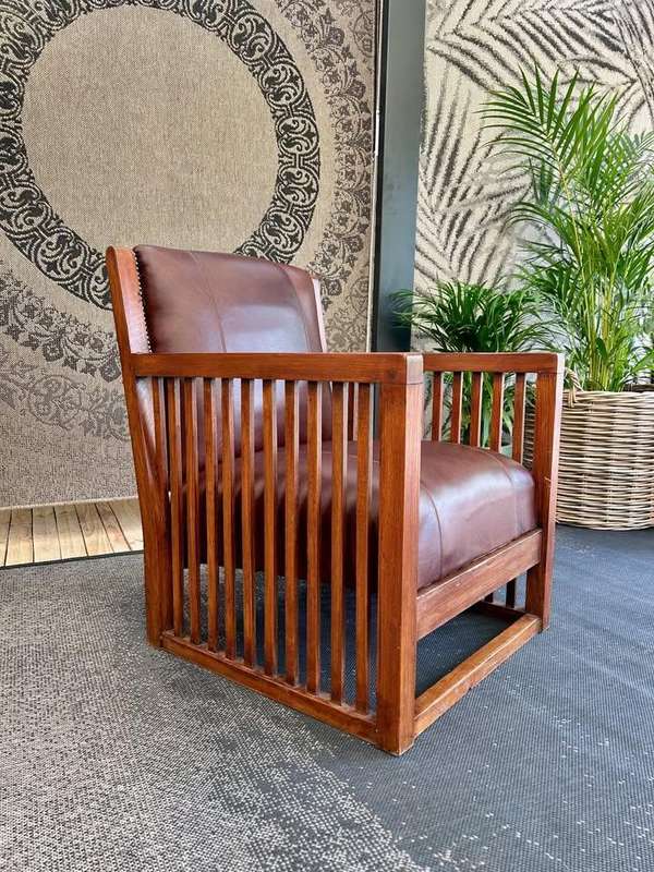 Fully Restored Oak Slatted Genuine Leather Occasional Chair