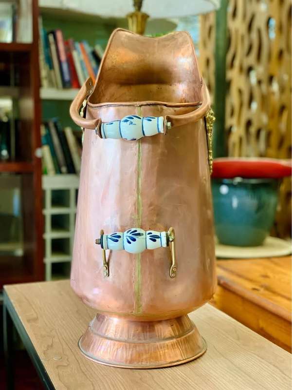 Vintage Dutch Copper Coal Scuttle with Delft Blue handles