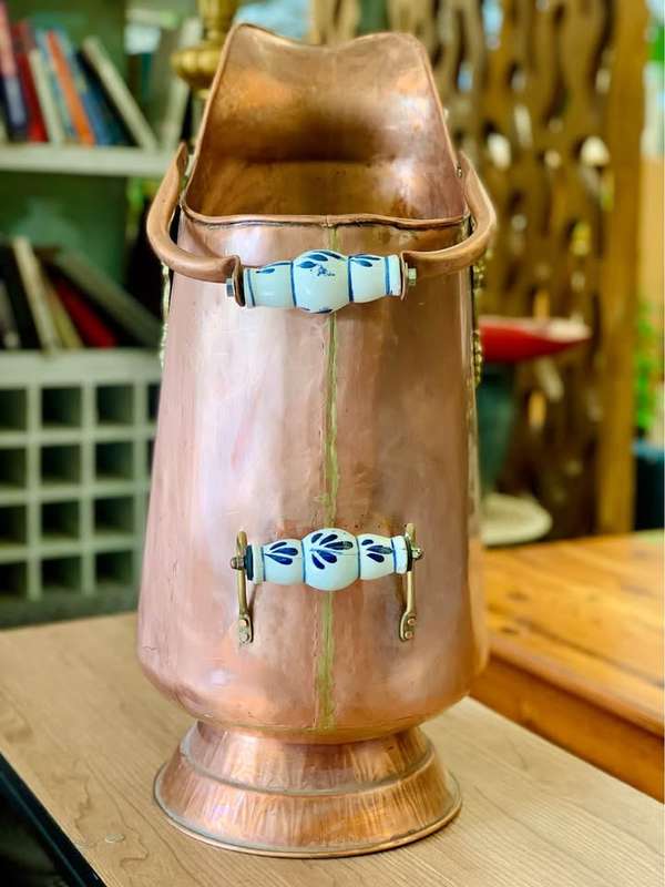 Vintage Dutch Copper Coal Scuttle with Delft Blue handles