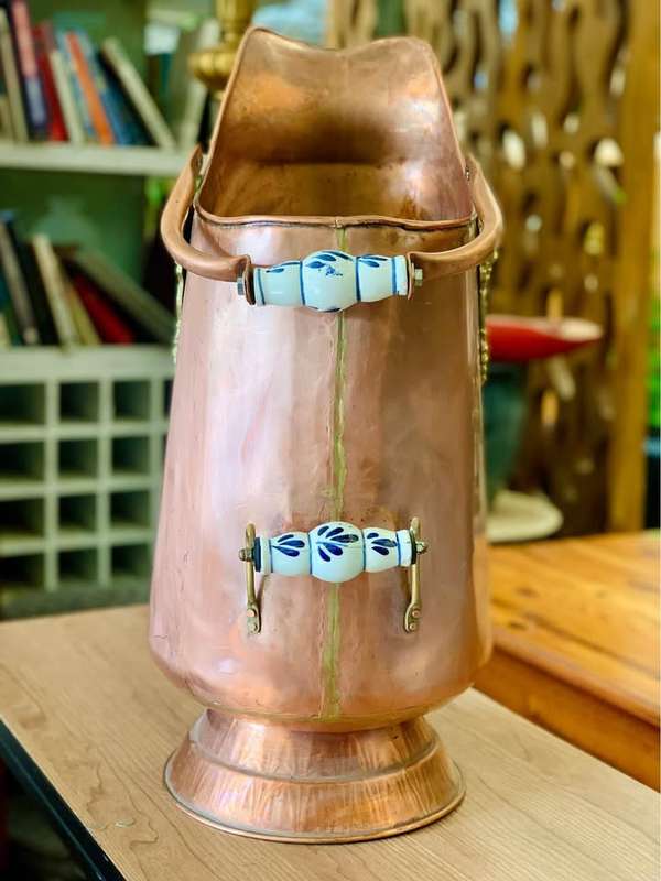 Vintage Dutch Copper Coal Scuttle with Delft Blue handles