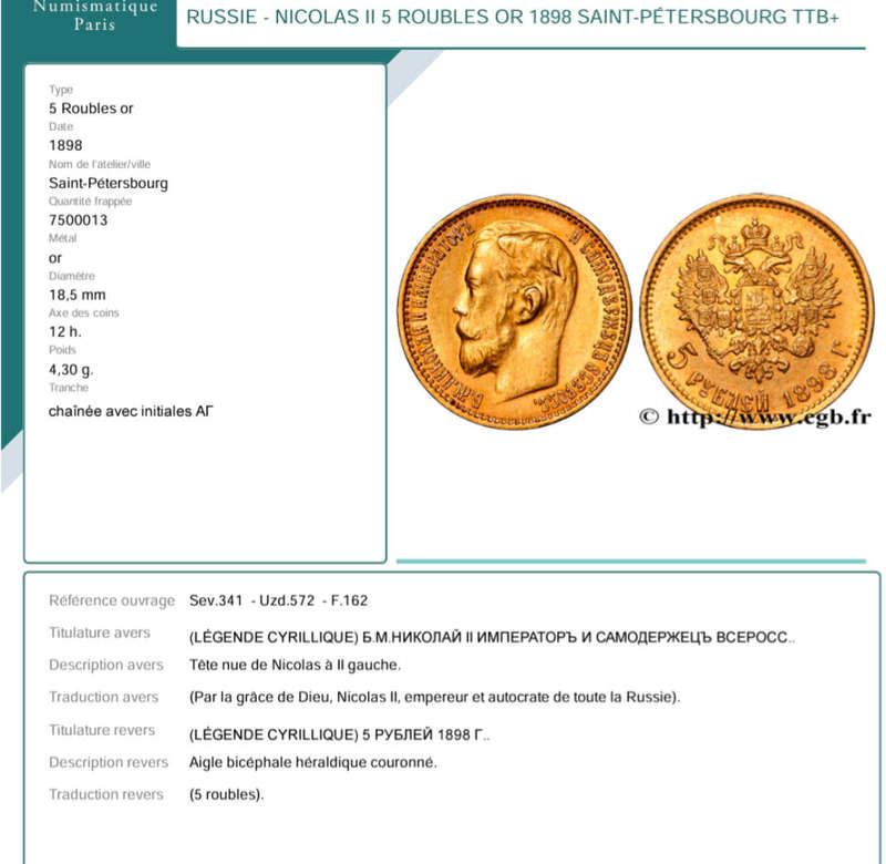 NICOLAS II 5 ROUBLES OR 1898 SAINT-PÉTERSBOURG