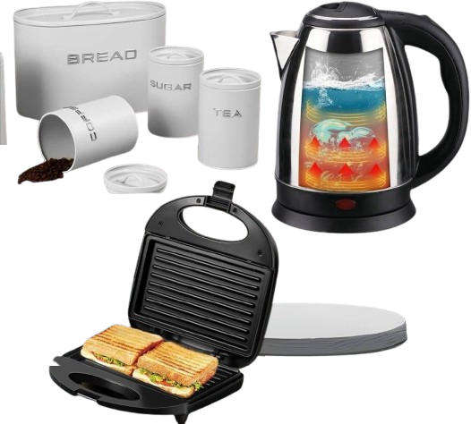 Combo 4-Piece  Bread Bin 2L ELECTRIC KETTLE 4Slice Electric Sandwich Maker