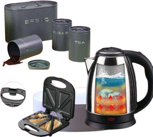 Combo 4-Piece  Bread Bin 2L ELECTRIC KETTLE 4Slice Electric Sandwich Maker