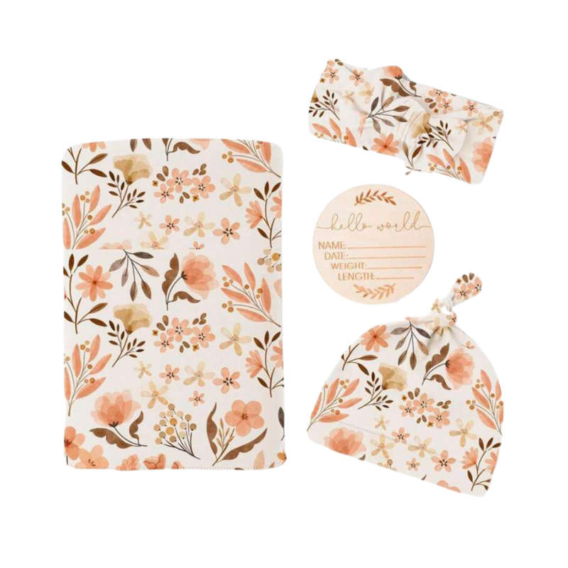 Newborn swaddle set - Brown Flowers