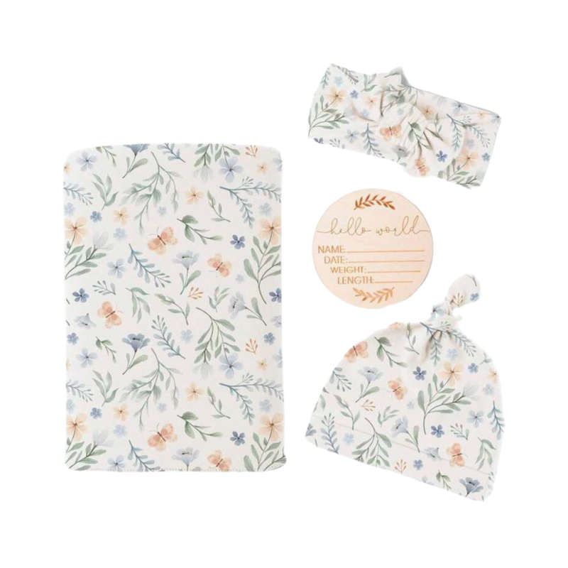 Newborn swaddle set - Green Flowers