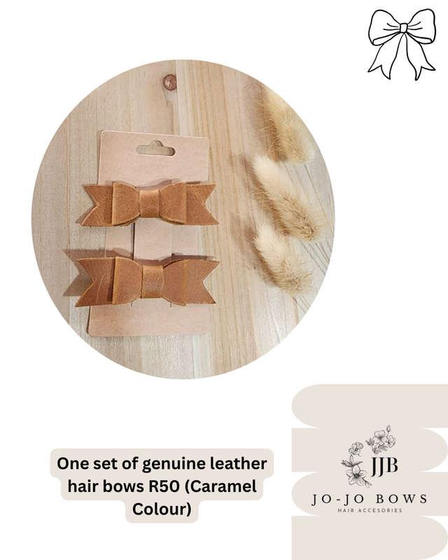 Hand Made - One set of genuine leather hair bows (Caramel colour)