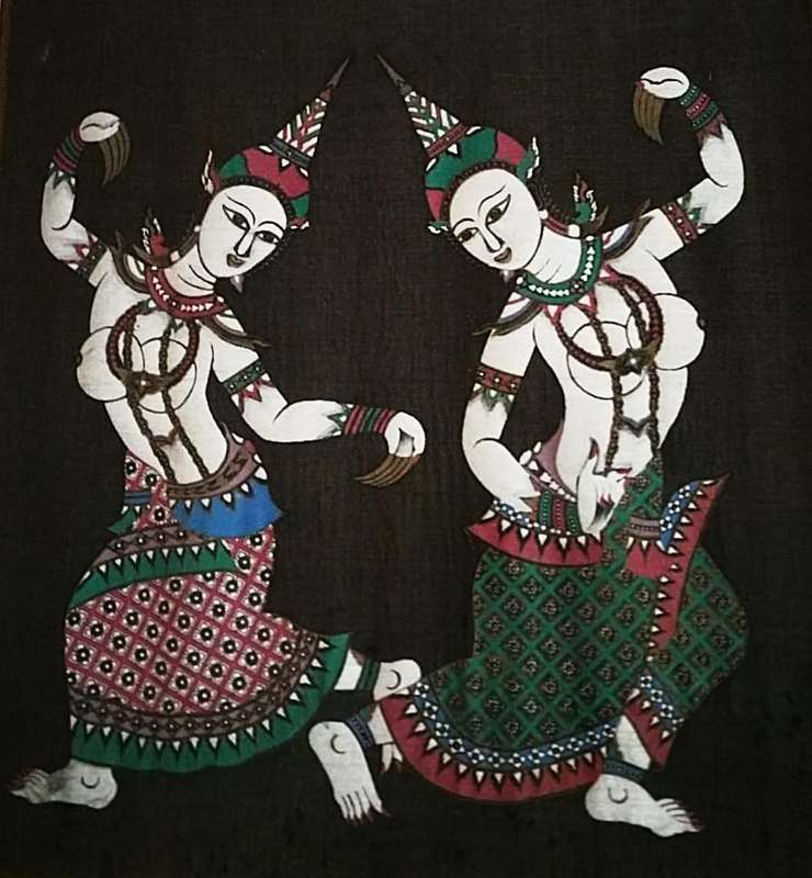 Set of 3 Vintage silk painting, 40's / 50's art, Hindu mythology, Asian art,