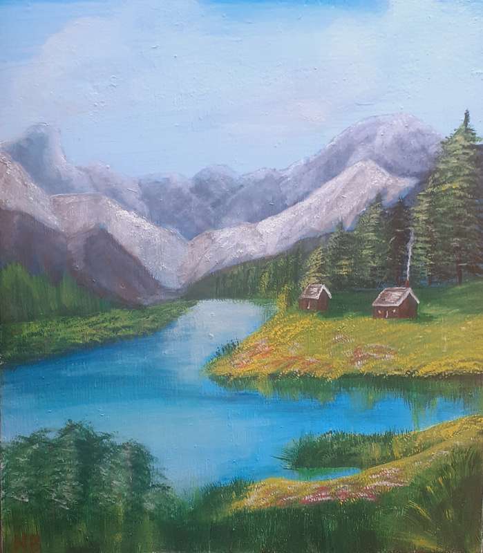 Original Acrylic painting "MOUNTAIN LAKE " 32CM X 27cm