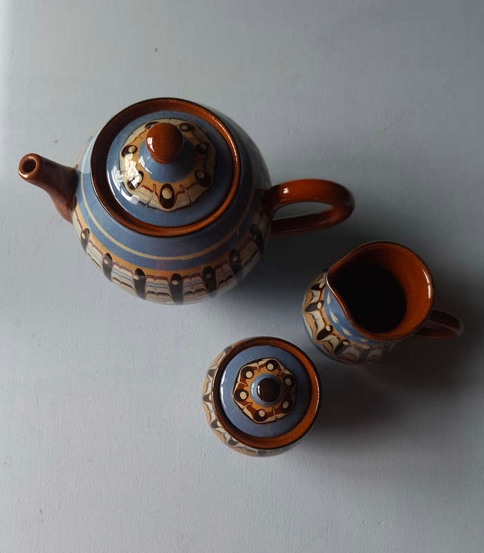Bulgarian Troyan Slipware Ceramics Teapot, Sugar Bowl and Milk Jug