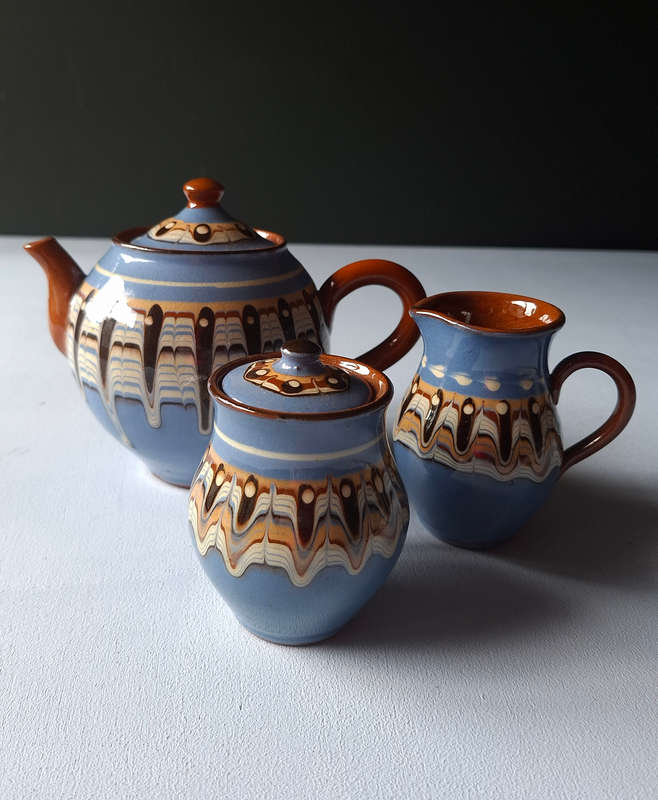 Bulgarian Troyan Slipware Ceramics Teapot, Sugar Bowl and Milk Jug