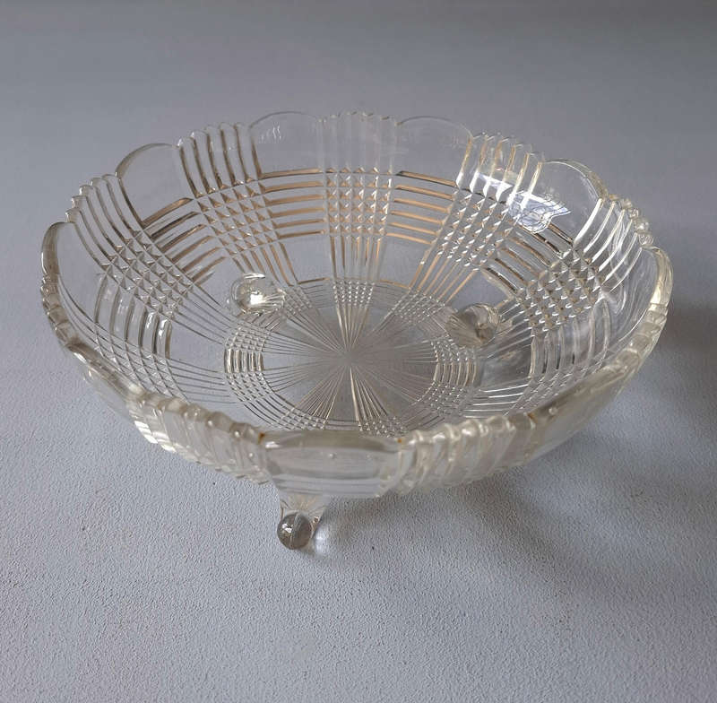 Vintage Geometric Glass Bowl with Three Feet