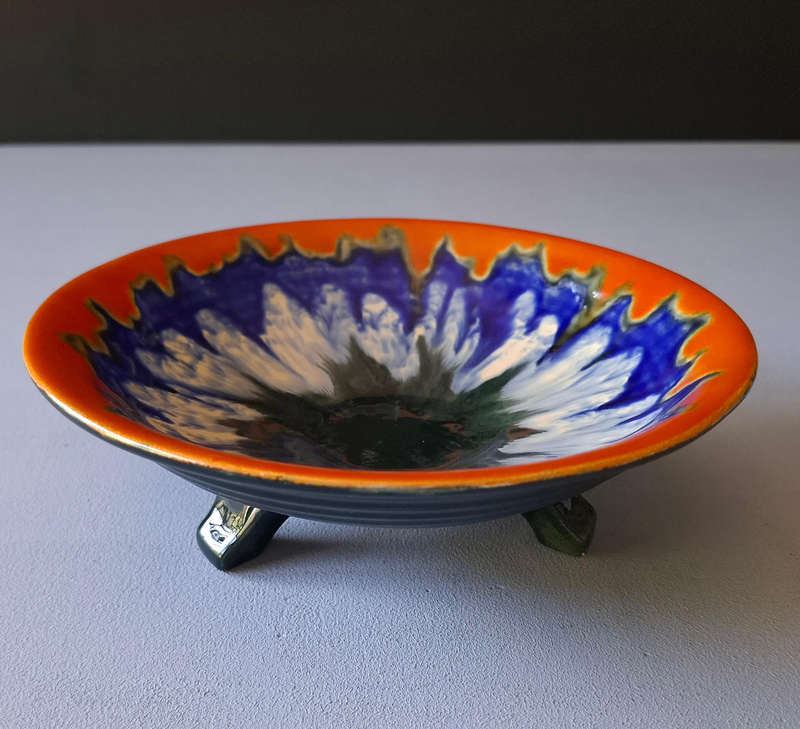 Retro Blue and Orange Ceramic Bowl with Three Feet