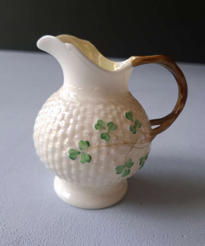 Belleek Ireland Basket Weave Shamrock Porcelain Lustre Creamer