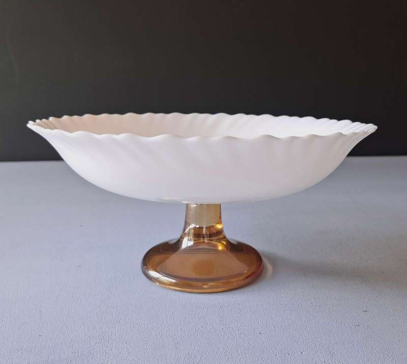 Milk Glass Pedestal Bowl with a Amber Glass Base