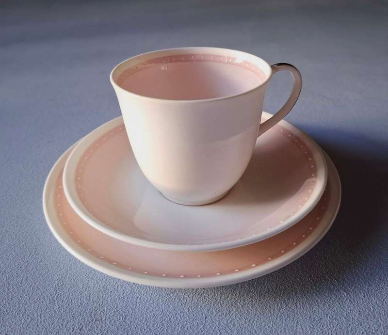 Susie Cooper Pink and White Fine Bone China Tea Cup, Saucer and Cake Plate