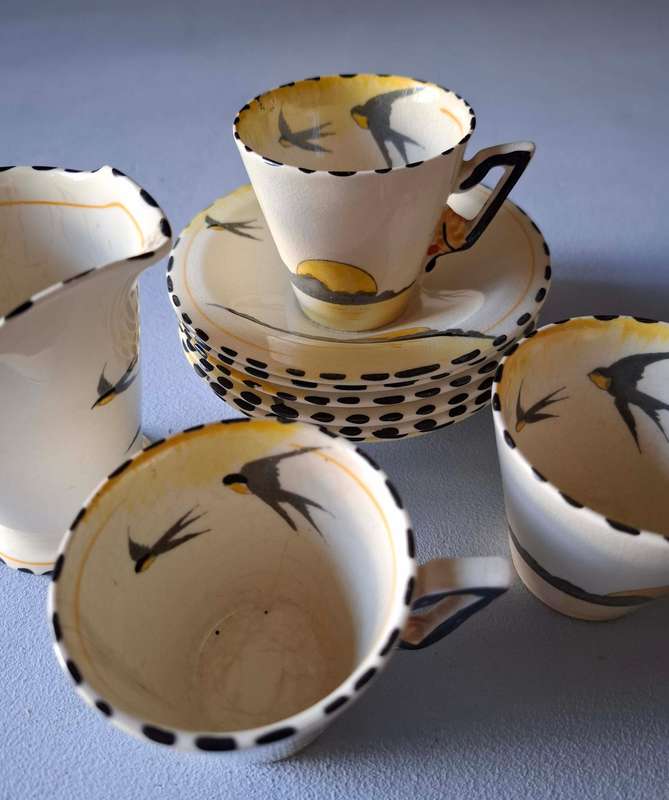 1930s Burleigh Sunray Pattern Milk Jug, 3 Cups and 6 Saucers