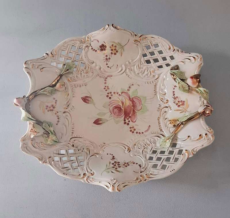 Italian Hand-Painted Reticulated Platter with Flower Garnishes and Gold Accents