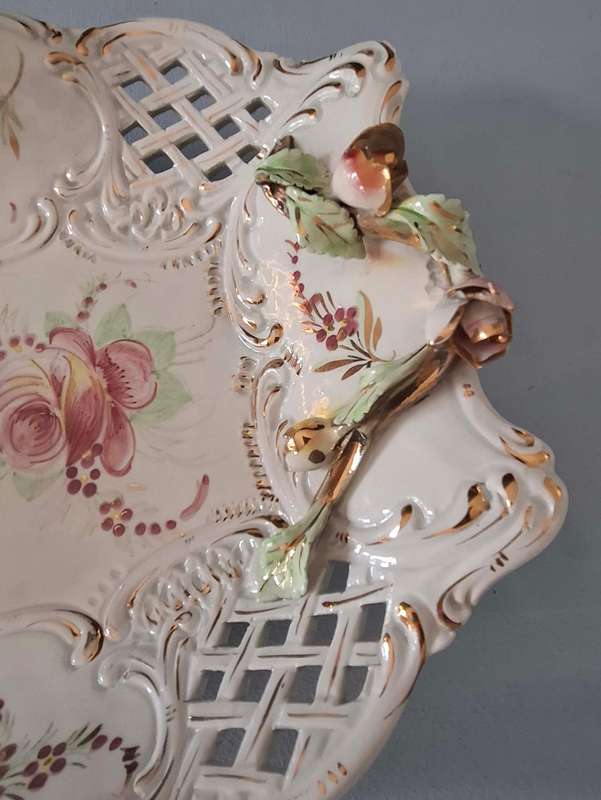 Italian Hand-Painted Reticulated Platter with Flower Garnishes and Gold Accents