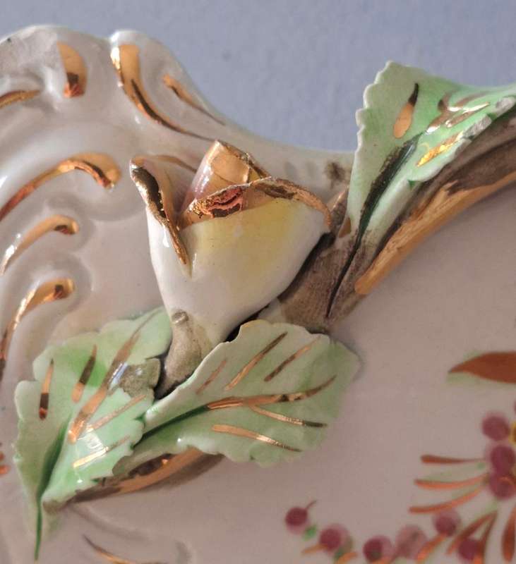 Italian Hand-Painted Reticulated Platter with Flower Garnishes and Gold Accents