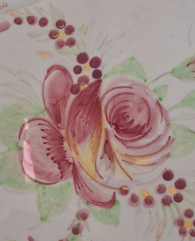 Italian Hand-Painted Reticulated Platter with Flower Garnishes and Gold Accents