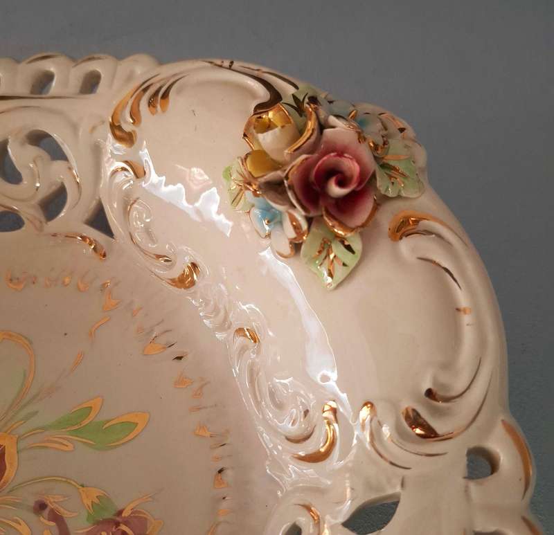 Italian Hand-Painted Triangular Serving Platter with Flower Garnishes and Gold Accents