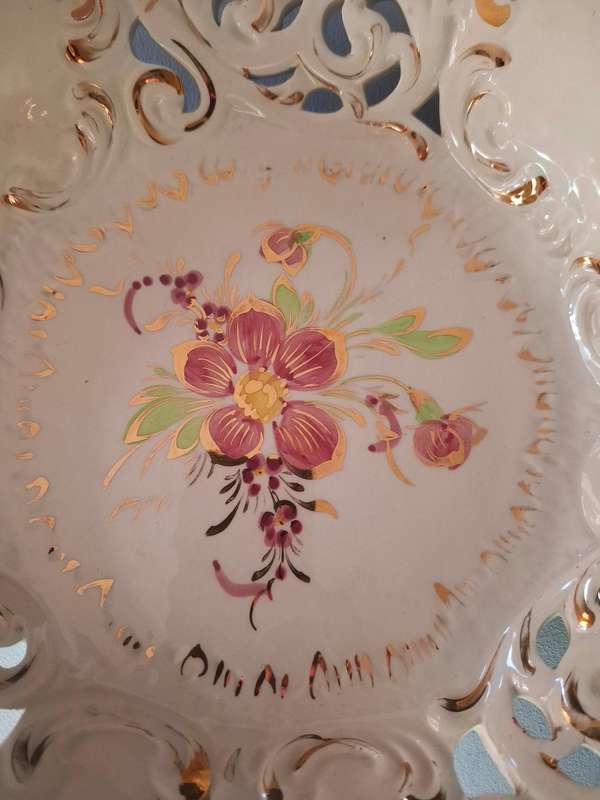 Italian Hand-Painted Triangular Serving Platter with Flower Garnishes and Gold Accents