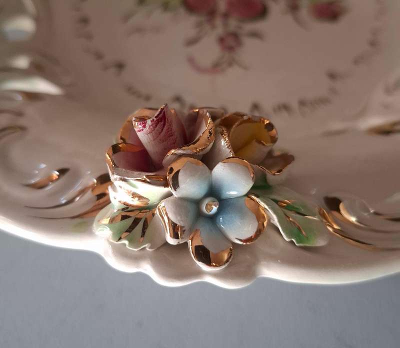Italian Hand-Painted Triangular Serving Platter with Flower Garnishes and Gold Accents