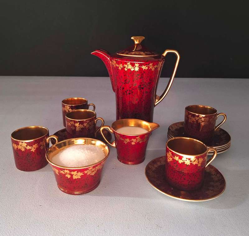 Art Deco Crown Devon Fieldings Ruby Red Lustre Gold Coffee Set