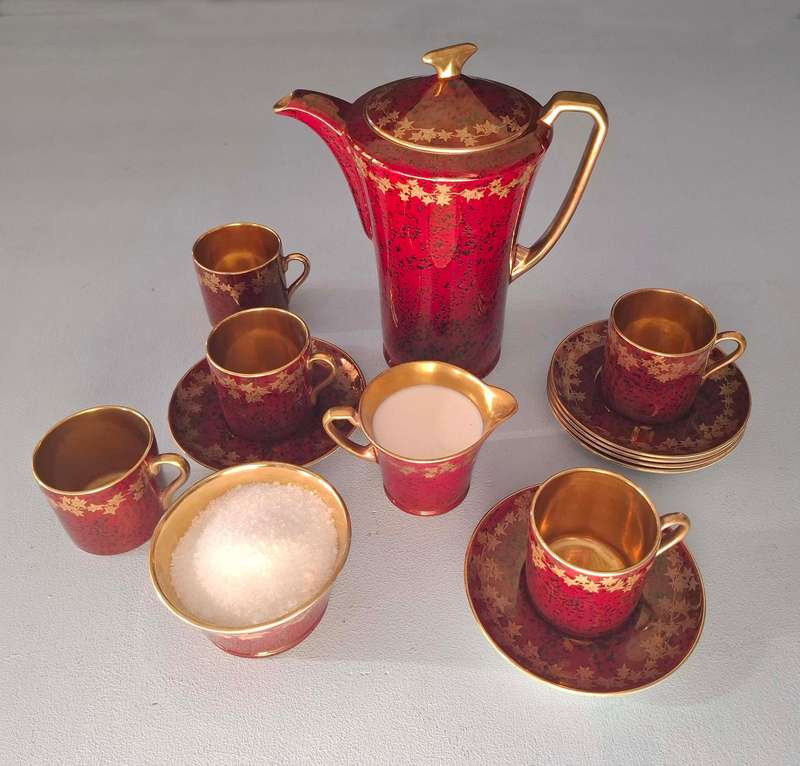 Art Deco Crown Devon Fieldings Ruby Red Lustre Gold Coffee Set